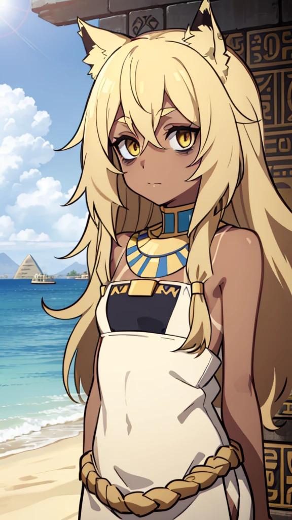 (1girl ,solo,20s,mature female),blonde hair,long hair,cat ears,yellow eyes,(((tanned skin))),(Egypt, blue sky, sun),white egypt oufit,bare shoulders,looking at view,Bags under eyes