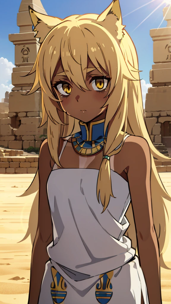 (1girl ,solo,20s,mature female),blonde hair,long hair,cat ears,yellow eyes,(((tanned skin))),(Egypt, blue sky, sun),white egypt oufit,bare shoulders,looking at view,Bags under eyes