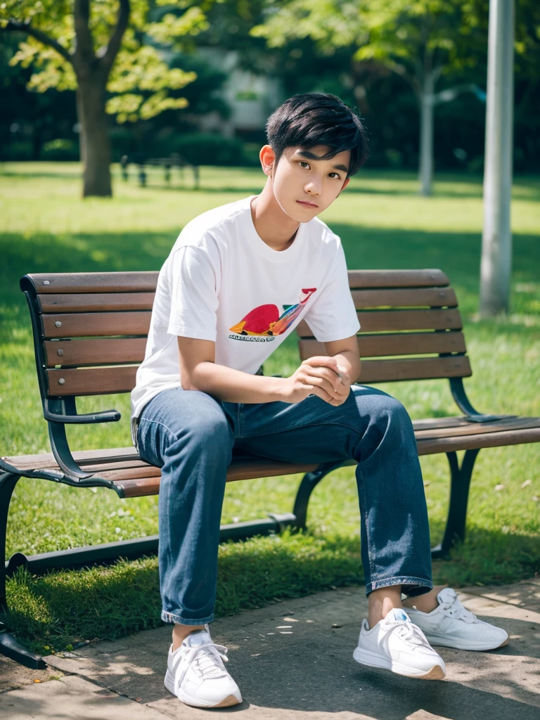 a 21 year old Indonesian boy with short hair sits on a park bench looking at the camera