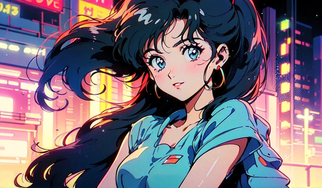 (80s, retro, city pop: 1.5), (album jacket), (famous song, highest quality), (anime, illustration), (pastel color: 1.4),
Best photo pose, dynamic angle, dark blue hair, cool impression, glossy hair, white dress, miniskirt, girl, solo, smile, perfectly detailed eyes, delicate face, ponytail, night city, neon lights , wearing headphones,