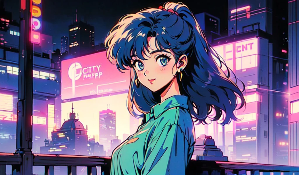 (80s, retro, city pop: 1.5), (album jacket), (famous song, highest quality), (anime, illustration), (pastel color: 1.4),
Best photo pose, dynamic angle, dark blue hair, cool impression, glossy hair, white dress, miniskirt, girl, solo, smile, perfectly detailed eyes, delicate face, ponytail, night city, neon lights , wearing headphones,
