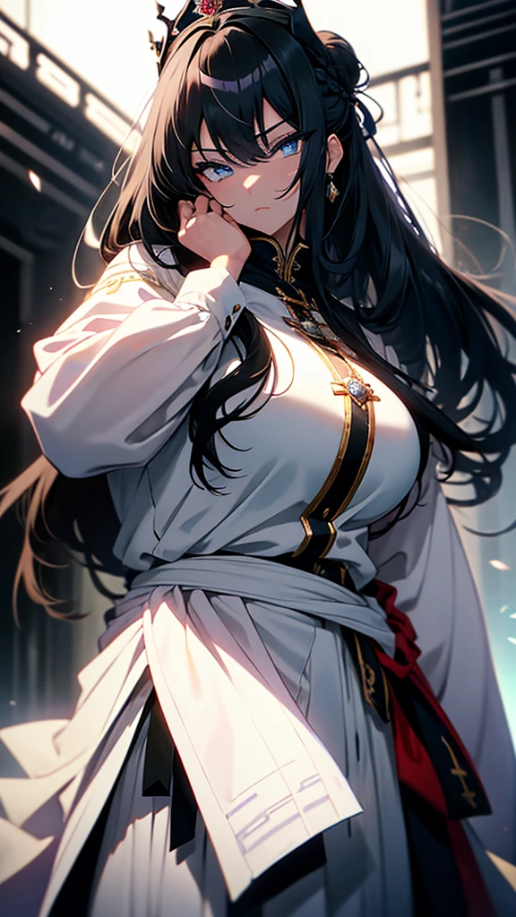 best quality, extremely detailed, anime style adult 1girl, long hair down to the waist, straight hair, ((dark black hair with bluish)), ponybun,crown braid,beautiful detailed eyes, pinched eyes, dark blue eyes, huge breasts,curvy,((((white cool prince clothing)))),trousers,((crown)),Clothes with a lot of cloth area,masculine attire,handsome,((stage)),