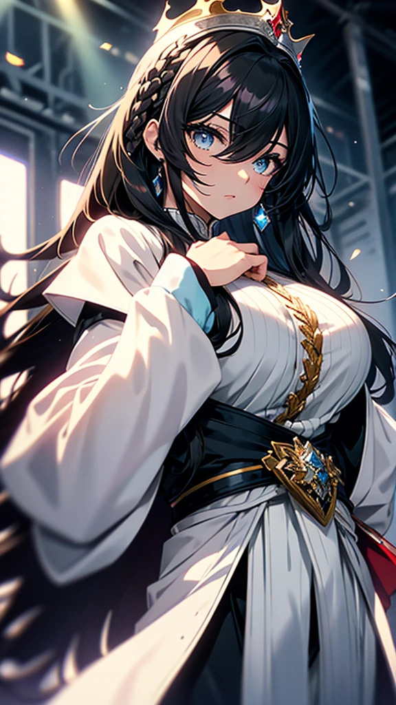 best quality, extremely detailed, anime style adult 1girl, long hair down to the waist, straight hair, ((dark black hair with bluish)), ponybun,crown braid,beautiful detailed eyes, pinched eyes, dark blue eyes, huge breasts,curvy,((((white cool prince clothing)))),trousers,((crown)),Clothes with a lot of cloth area,masculine attire,handsome,((stage)),