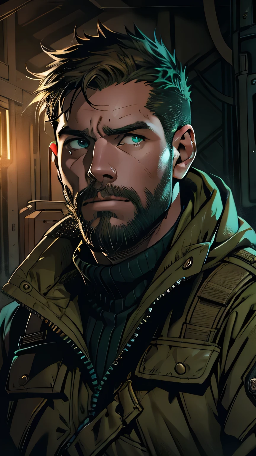 Man in his early thirties, with short brown hair and a thin beard, green eyes shining with determination, wearing a black tactical jacket, cargo pants and combat boots, in a dark environment with soft light illuminating your face.