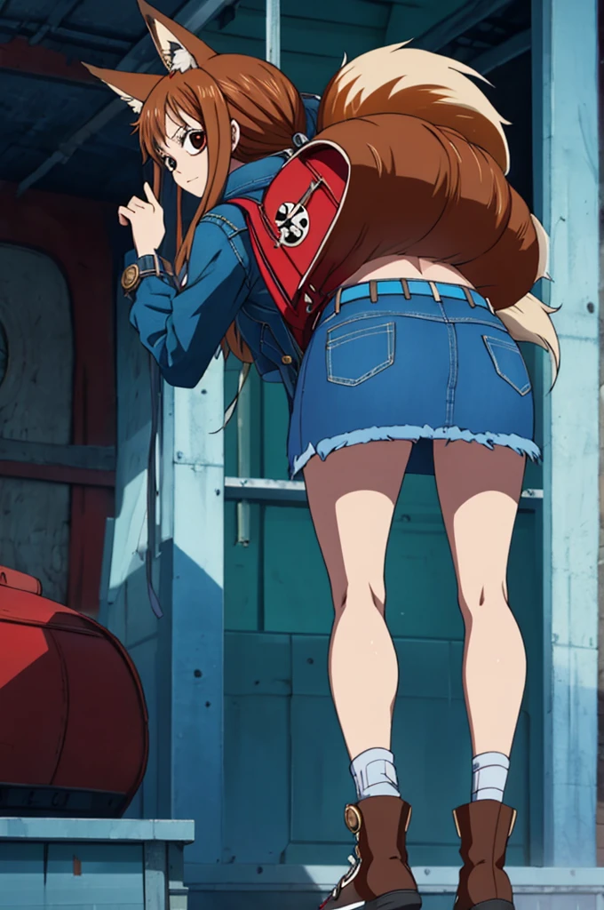 one piece, Woman, fox ear, fox tail, jeans jacket, brownhair, eyes browns, red backpack on the back, best qualityer, denim skirt, belt with fox symbol, facing forward, work of art