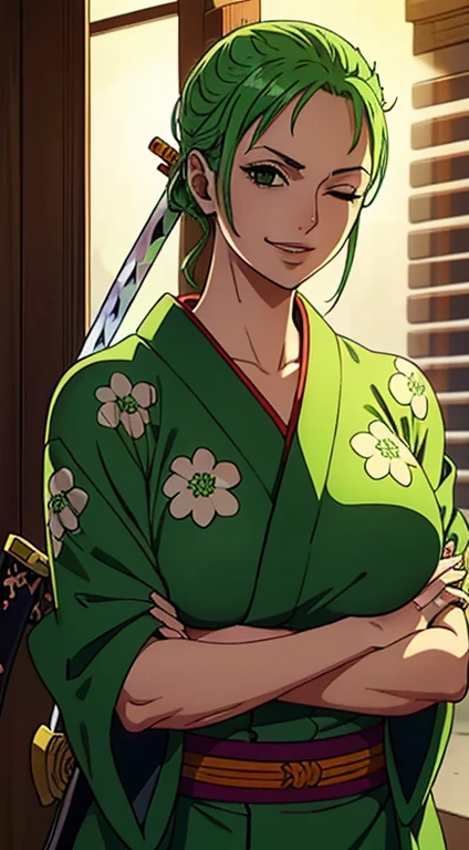 Ultra Realistic 8k CG, ((Ultra detailed background, Delicate pattern, intricate detials, Highly detailed, fine details)), Best Quality, (Photorealistic:1.4),Beautiful lighting, Roronoa Zoro, swords, One Piece, A big smile, smirk, green hair, Hot Girl, 3 styles of sword, Enma, Kamazo Hair, (The woman) , girlroronoa zoro, scar, muscular female, grin, looking at viewer, one eye closed, scar across eye, crossed arms, japanese clothes, green kimono, , big breasts, sword