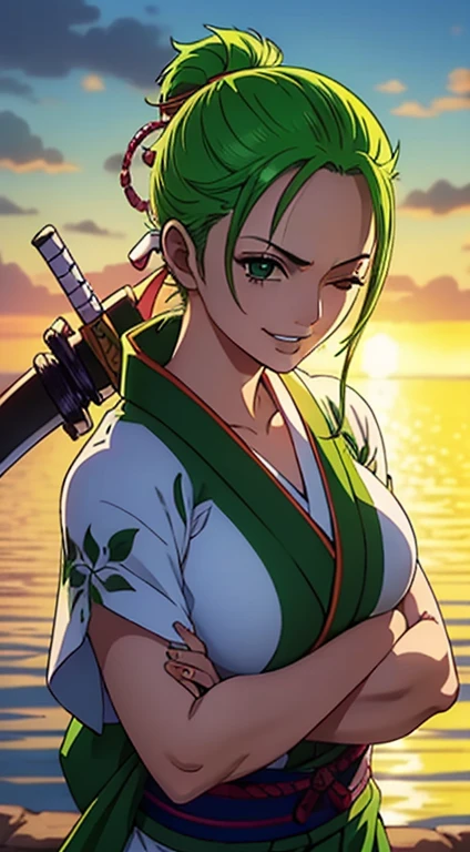 Ultra Realistic 8k CG, ((Ultra detailed background, Delicate pattern, intricate detials, Highly detailed, fine details)), Best Quality, (Photorealistic:1.4),Beautiful lighting, Roronoa Zoro, swords, One Piece, A big smile, smirk, green hair, Hot Girl, 3 styles of sword, Enma, Kamazo Hair, (The woman) ,   girlroronoa zoro, scar, muscular female, grin, looking at viewer, one eye closed, scar across eye, crossed arms, japanese clothes, green kimono, , big breasts, sword