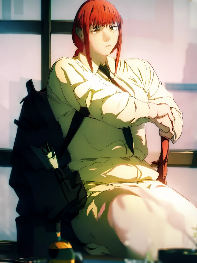 Le personnage Makima de la série animée Chainsaw Man, fragile, obésité morbide, ssbbw, pleine longueur (corps entier 1.1.), fond sombre, obscurité, anatomie correcte 1.1, anatomie correcte de la main, Très féminin, corps gras et rond, grosses Jambes, fesses, beau corps obèse, ventre rond et mou très gras, cheveux roux, Yeux oranges, Cercles rouges pour les écoliers, chemise blanche, jupe noire, cravate noire, pose sexy, réaliste, very détaillé, beau corps, détaillé body, détaillé hands, détaillé, vibrant, détaillé Face, Conception des personnages de Makima. very détaillé, détaillé body, détaillé hands, détaillé Face, Art animé, Hugh Détails, Visage très abattu, détaillé eyes, Illustration ultra fine, Meilleure ombre, détail fin, beautiful détaillé glow, beautiful détaillé, Extraordinairement beau, extremely détaillé, inexpressif, composition épique, Style animé. art animé, Style animé. Jupe noire, chemise blanche, cravatte, pose sexy
