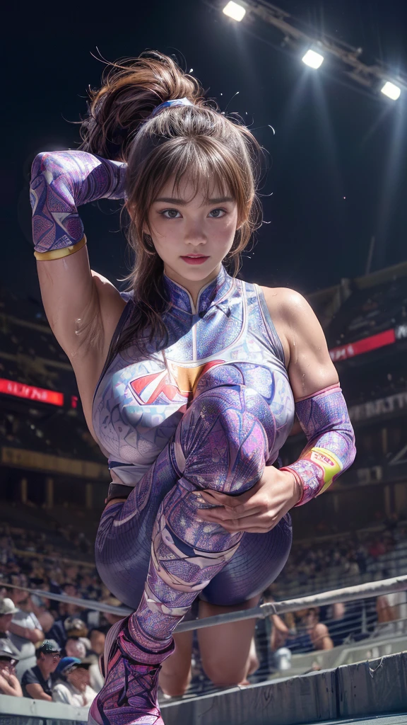 Female professional wrestler、Fighting Pose、tall、smile、((On the Ring))、((Spotlight))、(((large stadium)))、((Super big breasts))、(Saggy breasts)、((Ultra tight uniform))、Wristband、(((A flashy costume with a bizarre pattern)))、((Elbow Support))、((Knee support))、Taping on fingers、I can see your abuscular、Hairstyle with bangs、((Sweat))、((Match venue))、Very beautiful woman、((Female Athletes))、(Detailed face)、Realistic skin、((Delicate photo))，(Girl Masterpiece RAW Photo Details:1.25), (Highest quality:1.6), (Ultra-high resolution:1.5), (Realistic:1.75), 8K resolution, Canon EOS R5, 50mm, Absurd, Ultra-detailed,Cinema Lighting、