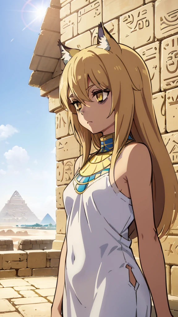 (((1girl ,solo,20s,mature female))),blonde hair,long hair,cat ears,yellow eyes,(tanned skin),(Egypt, blue sky, sun),white egypt oufit,bare shoulders,looking at view,Bags under eyes