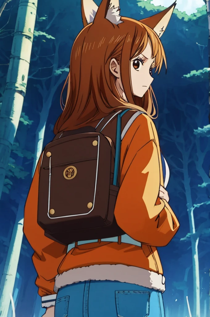 one piece, Woman, fox ear, fox tail, jeans jacket, brownhair, eyes browns, red backpack on the back, best qualityer, denim skirt, belt with fox symbol.