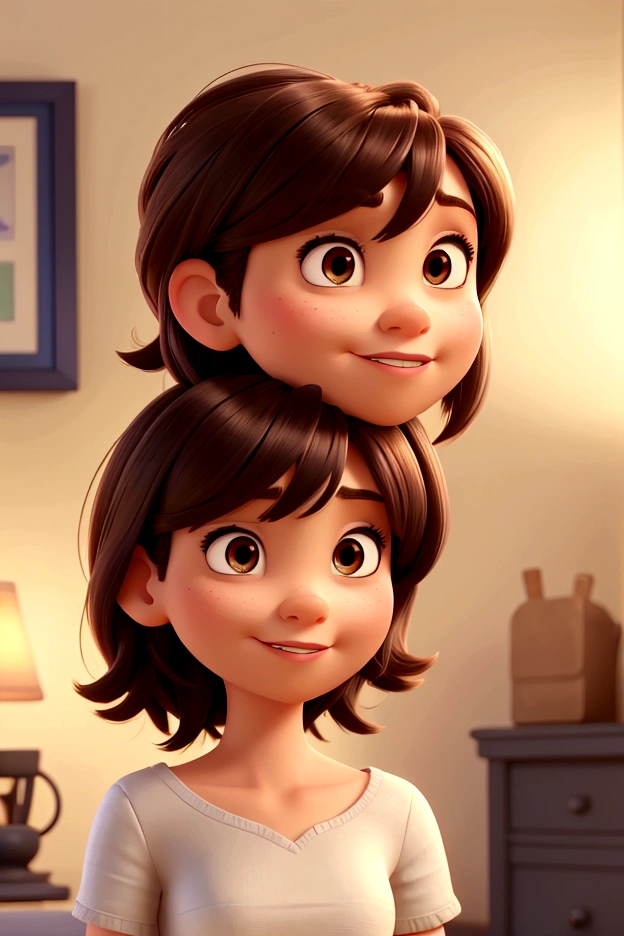 adult woman, light skin, short shoulder length hair with bangs and dark slanted eyes, disney pixar style