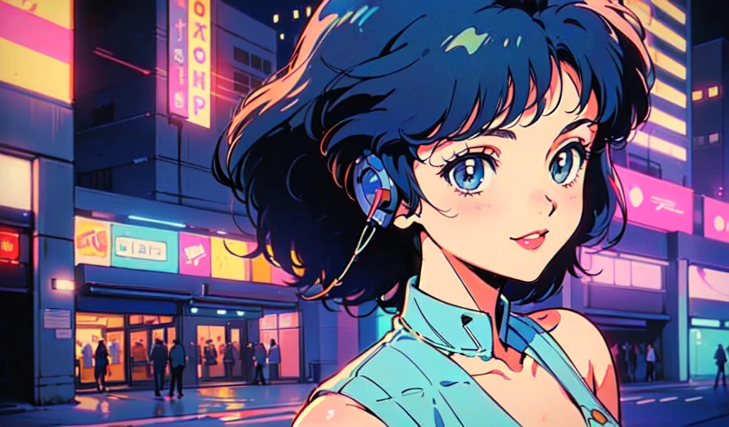 (80s, retro, city pop: 1.5), (album jacket), (famous song, highest quality), (anime, illustration), (pastel color: 1.4),
Best photo pose, dynamic angle, dark blue hair, cool impression, glossy hair, white dress, miniskirt, girl, solo, smile, perfectly detailed eyes, delicate face, ponytail, night city, neon lights , wearing headphones,