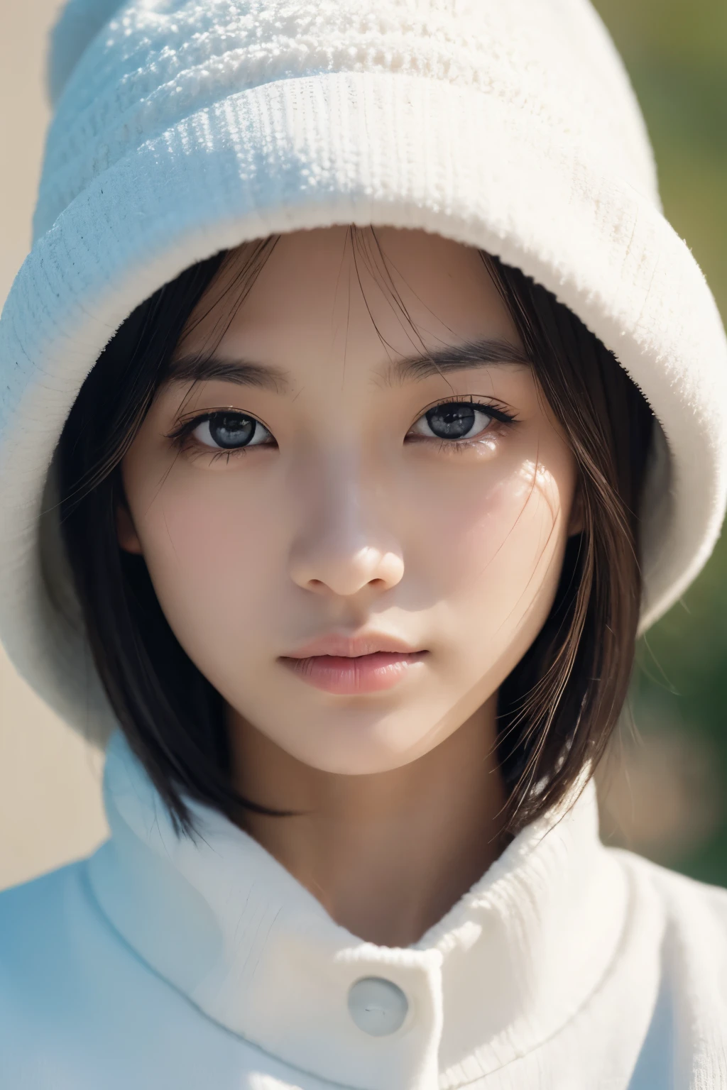 Hyperrealistic portrait of a young Japanese woman in her early 20s, (8k resolution:1.2), (photorealistic:1.3), (ultra-detailed:1.2), perfect facial features, flawless skin, natural makeup, short straight hair, wearing a white knit hat and a white jacket, standing indoors against a simple background, soft natural lighting, shallow depth of field, shot on Canon EOS R5, 85mm f/1.4 lens, magazine cover quality, minimalist fashion editorial style, neutral colors, high contrast, sharp focus on eyes, elegant and relaxed expression, high-end production value, retouched by industry professionals, lifelike textures, natural skin tones, perfect composition, model-like proportions, commercial appeal.
