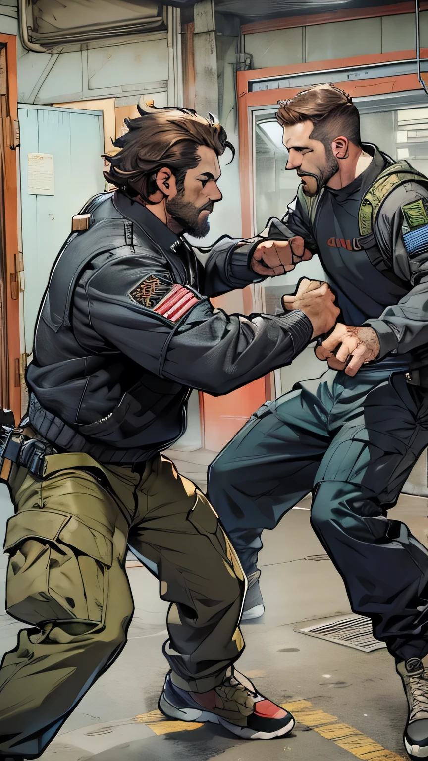 Man in his early thirties, with short brown hair and a thin beard, wearing a black tactical jacket and cargo pants, engaged in an intense hand-to-hand fight with a guard, dodging punches and disarming his opponent, laboratory setting with equipment scientific