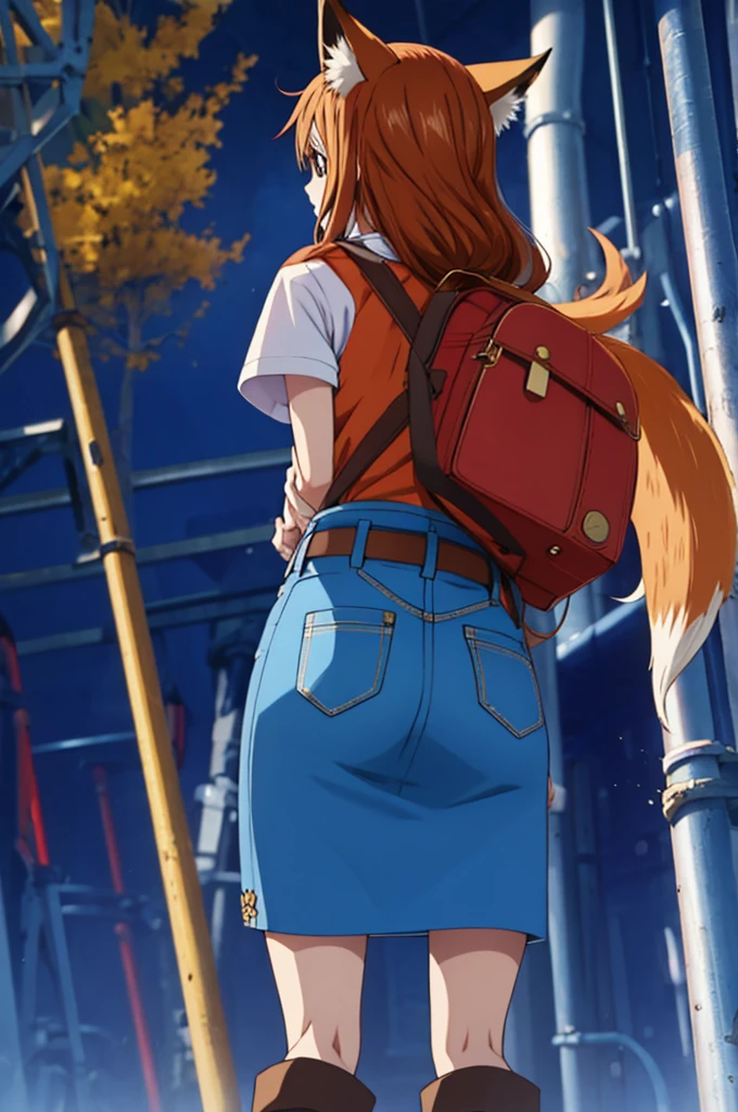 one piece, Woman, fox ear, fox tail, jeans jacket, brownhair, eyes browns, red backpack on the back, best qualityer, denim skirt, belt with fox symbol.