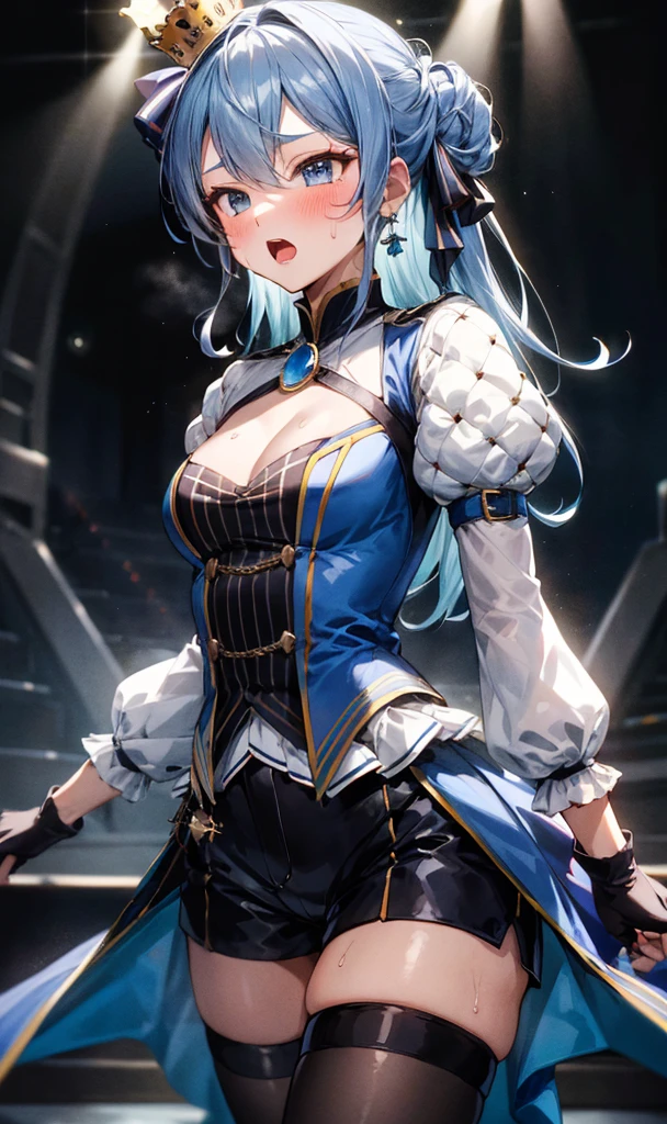 1girl, solo, concert, stage, stage lights, cowboy shot, idol, SuiseiStellar, long hair, half updo, tilted crown, white shrug \(clothing\), juliet sleeves, blue brooch, blue pinstripe shirt, blue vest, half gloves, blue shorts, half-skirt, o-ring thigh strap, single thigh boot ,medium breasts,(((trembling))),(blush,sweating),nsfw