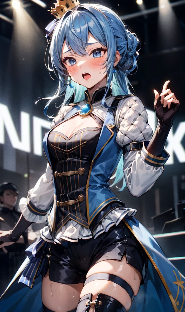 1girl, solo, concert, stage, stage lights, cowboy shot, idol, SuiseiStellar, long hair, half updo, tilted crown, white shrug \(clothing\), juliet sleeves, blue brooch, blue pinstripe shirt, blue vest, half gloves, blue shorts, half-skirt, o-ring thigh strap, single thigh boot ,medium breasts,(((trembling))),(blush,sweating),nsfw