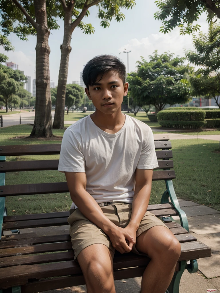 a 21 year old Indonesian boy with short hair sits on a park bench looking at the camera