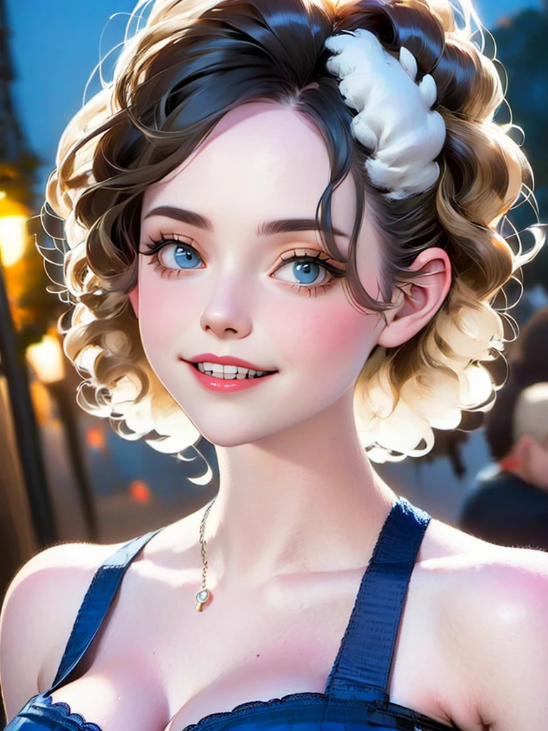 (halfbody shot,street lamps,moon),Masterpiece, 1girl, solo exhibition, beautiful woman on the bustling street, surrounded by hawkers, beautiful goddess girl portrait, beautiful and detailed face, porcelain skin, (((bust shot, center, night, black hair, short hair)), super soft lighting, symmetry, complexity, elegance, high detail, realism, art, concept art,