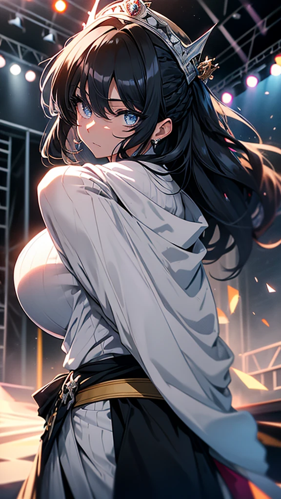 best quality, extremely detailed, anime style adult 1girl, long hair down to the waist, straight hair, ((dark black hair with bluish)), ponybun,crown braid,beautiful detailed eyes, pinched eyes, dark blue eyes, huge breasts,curvy,((((white cool prince clothing)))),trousers,((crown)),Clothes with a lot of cloth area,masculine attire,dance,((((stage)))),