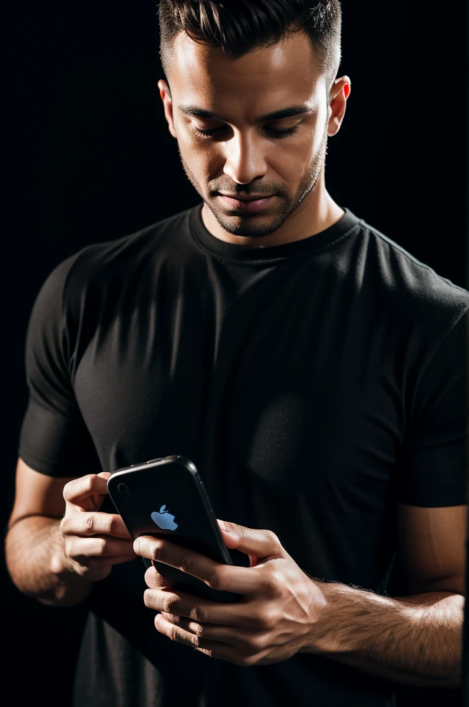 Man having fun using his cell phone, detailed hands, black backdrop, the light from the cell phone reflects on the man&#39;s face.