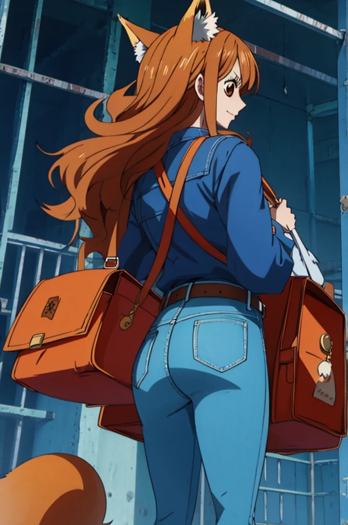 one piece, Woman, fox ear, fox tail, jeans jacket, brownhair, eyes browns, red backpack on the back, best qualityer, denim skirt, belt with fox symbol.