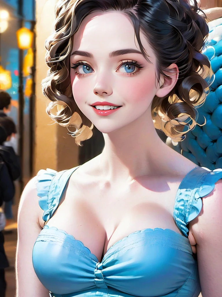 (halfbody shot,street lamps,moon),Masterpiece, 1girl, solo exhibition, beautiful woman on the bustling street, surrounded by hawkers, beautiful goddess girl portrait, beautiful and detailed face, porcelain skin, (((bust shot, center, night, black hair, short hair)), super soft lighting, symmetry, complexity, elegance, high detail, realism, art, concept art,