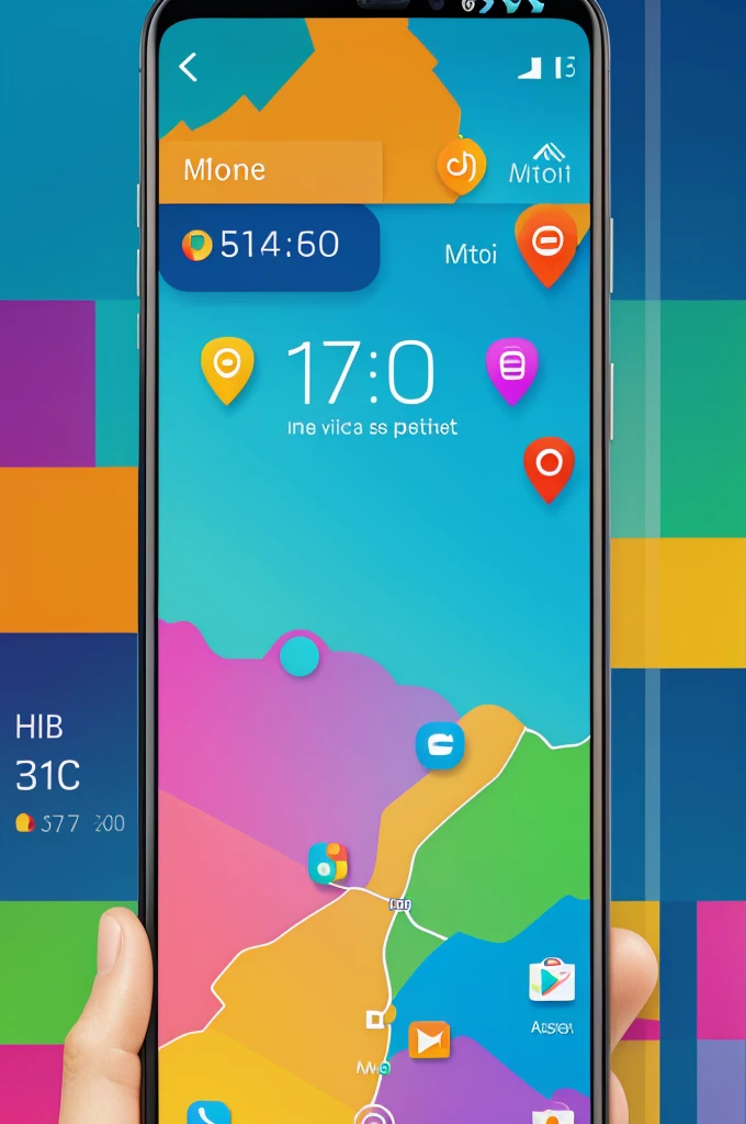 Make an Image of Tito, a smartphone with a bright and expressive screen, accompanied by Mapi, a map app with a friendly and colorful look. They are surrounded by app icons that are like little characters, each with their own appearance and personality. The background shows a digital landscape with floating bits and bytes, representing the vastness and complexity of the internet.