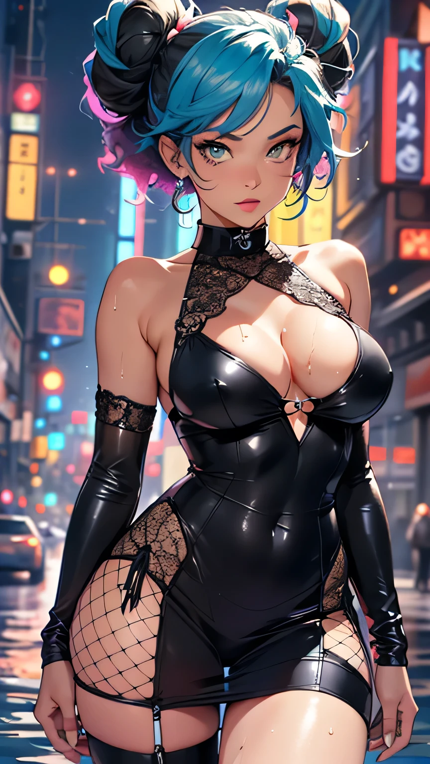 girl spacepunk,(((1girl))),((cute and beautiful afro haired girl)),((((black race)))), (large breasts:1.4),saggy breasts,(((( neon blue afro hair:1.35,((afro hair:1.35)),afrohair,afro:1.35,dark hair, neon blue hair,Double hair bun:1.3)))),medium hair,((heterochromia:1.5, (yellow_eye and red_eye))),intricate eyes,beautiful detailed eyes,symmetrical eyes,((fat)),((((tan,dark skin,black skin:1.35,dark-skinned_female,dark skin:1.3,ebony skin,lustrous skin:1.5,bright skin: 1.5,shiny skin,very shiny skin,shiny body,illuminated skin,wet legs)))),(spider lower abdomen,narrow waist,wide hip,athletic body,inflated legs),(((detailed face))), cute,slutty,sensual,seductive look,seductive,erotic,enchanting,((nsfw)), revealing clothing,show skin,(((neon green fishnet dress))),((slave collar)),(((wet clothes,intricate outfit,intricate clothes))), (dynamic pose:1.0),solo focus,embarrassed,(centered,scale to fit dimensions,Rule of thirds), cyberpunk city by the ocean at night, with bright neon signs and dark stormy clouds and puddles, scenery:1.25, artistic photography,(photography taken by sldr),highres, sharp focus, (ultra detailed, extremely detailed), (photorealistic artwork:1.37),(extremely detailed CG unity 8k wallpaper),((synthwave background theme)),(((vibrant colors))),(intricate background),(masterpiece),(best quality),