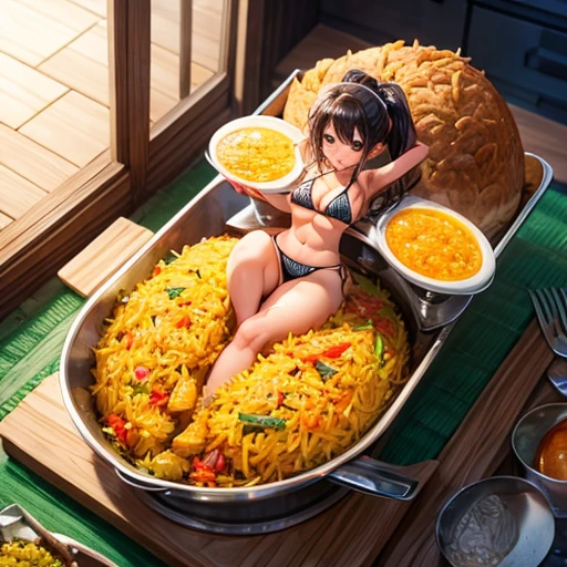 Micro bikini girl making giant biryani