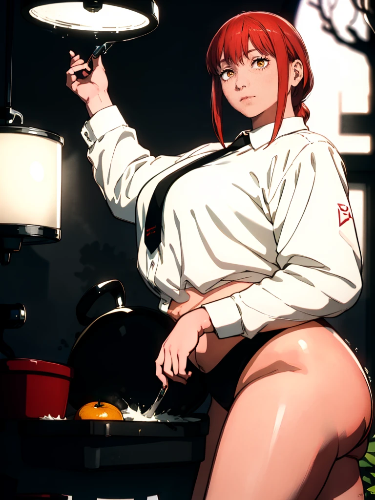 Le personnage Makima de la série animée Chainsaw Man, fragile, obésité morbide, ssbbw, pleine longueur (corps entier 1.1.), fond sombre, obscurité, anatomie correcte 1.1, anatomie correcte de la main, Très féminin, corps gras et rond, grosses Jambes, fesses, beau corps obèse, ventre rond et mou très gras, ventre énorme et gras visible, tres grosse, obésité, cheveux roux, Yeux oranges, Cercles rouges pour les écoliers, chemise blanche, jupe noire, cravate noire, pose , réaliste, very détaillé, beau corps, détaillé body, détaillé hands, détaillé, vibrant, détaillé Face, Conception des personnages de Makima. very détaillé, détaillé body, détaillé hands, détaillé Face, Art animé, Hugh Détails, Visage très abattu, détaillé eyes, Illustration ultra fine, Meilleure ombre, détail fin, beautiful détaillé glow, beautiful détaillé, Extraordinairement beau, extremely détaillé, inexpressif, composition épique, Style animé. art animé, Style animé. Jupe noire, chemise blanche, cravatte, pose 