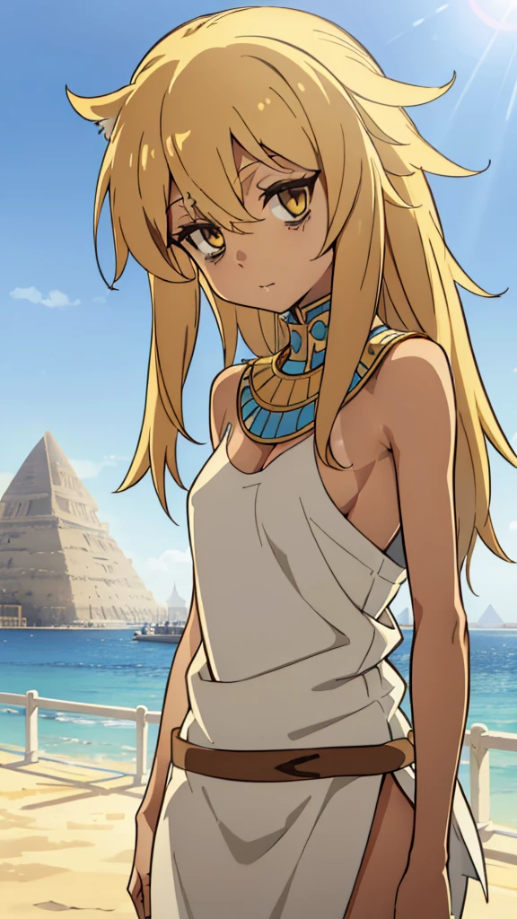 (((1girl ,solo,20s,mature female,tall))),blonde hair,long hair,cat ears,yellow eyes,(tanned skin),(Egypt, blue sky, sun),white egypt oufit,bare shoulders,looking at view,Bags under eyes
