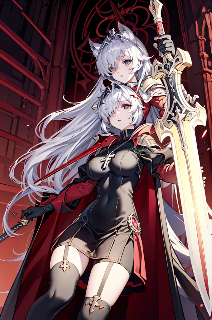 avenger,large breast,The chest area is exposed,Eye color is scarlet,garter,big sword,princess tiara,Cross Necklace,hair over one eye,Knee socks,Hair color is golden,Devilish,Church Background, high Quality,best quality,Uninhabited, neko ears