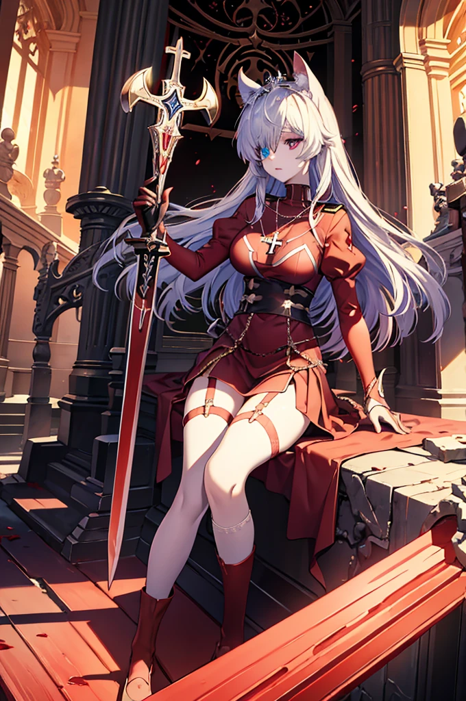 avenger,large breast,The chest area is exposed,Eye color is scarlet,garter,big sword,princess tiara,Cross Necklace,hair over one eye,Knee socks,Hair color is golden,Devilish,Church Background, high Quality,best quality,Uninhabited, neko ears