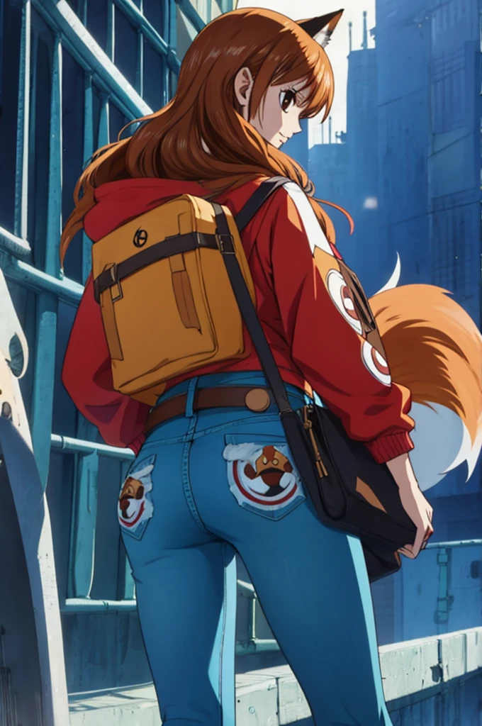 one piece, Woman, fox ear, fox tail, jeans jacket, brownhair, eyes browns, red backpack on the back, best qualityer, denim skirt, belt with fox symbol.