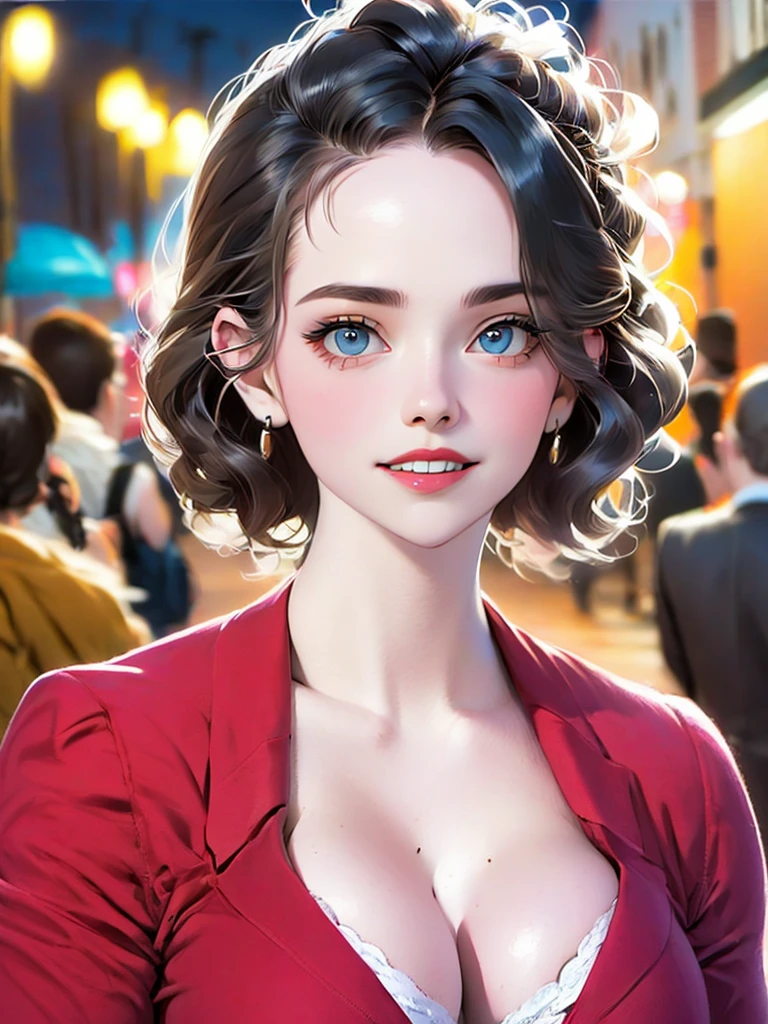 (halfbody shot,street lamps,moon),Masterpiece, 1girl, solo exhibition, beautiful woman on the bustling street, surrounded by hawkers, beautiful goddess girl portrait, beautiful and detailed face, porcelain skin, (((bust shot, center, night, black hair, short hair)), super soft lighting, symmetry, complexity, elegance, high detail, realism, art, concept art,