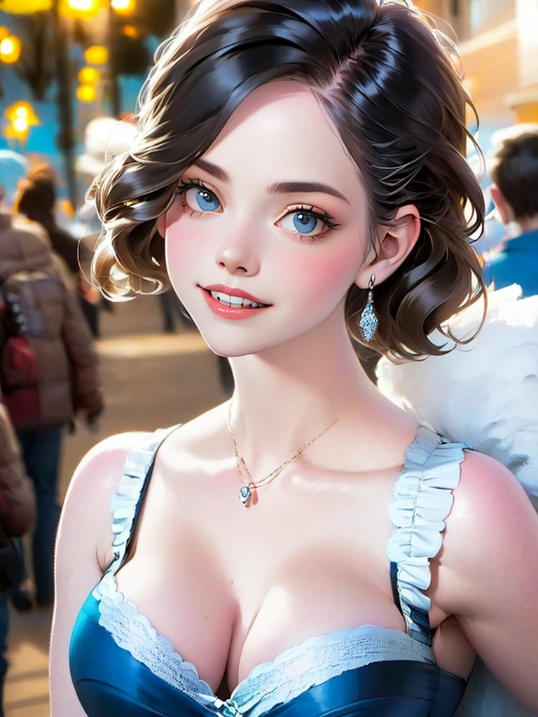 (halfbody shot,street lamps,moon),Masterpiece, 1girl, solo exhibition, beautiful woman on the bustling street, surrounded by hawkers, beautiful goddess girl portrait, beautiful and detailed face, porcelain skin, (((bust shot, center, night, black hair, short hair)), super soft lighting, symmetry, complexity, elegance, high detail, realism, art, concept art,