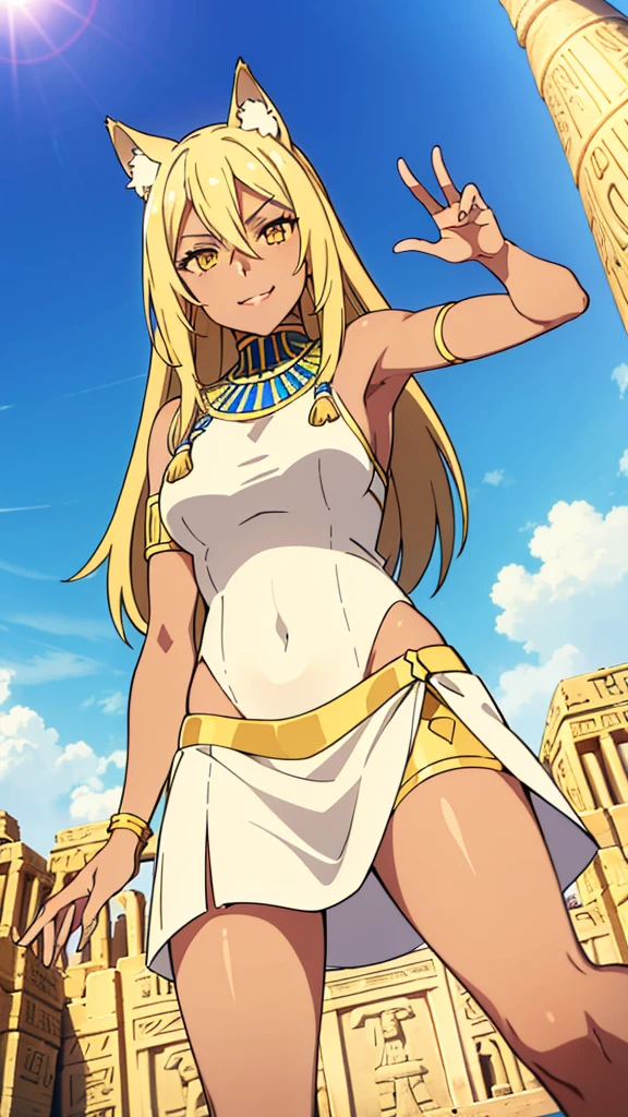(1girl ,solo,20s,mature female),blonde hair,long hair,cat ears,yellow eyes,(((dark skin))),(Egypt, blue sky, sun),white egypt oufit,bare shoulders,looking at view,waving, waving arm,serious, smile