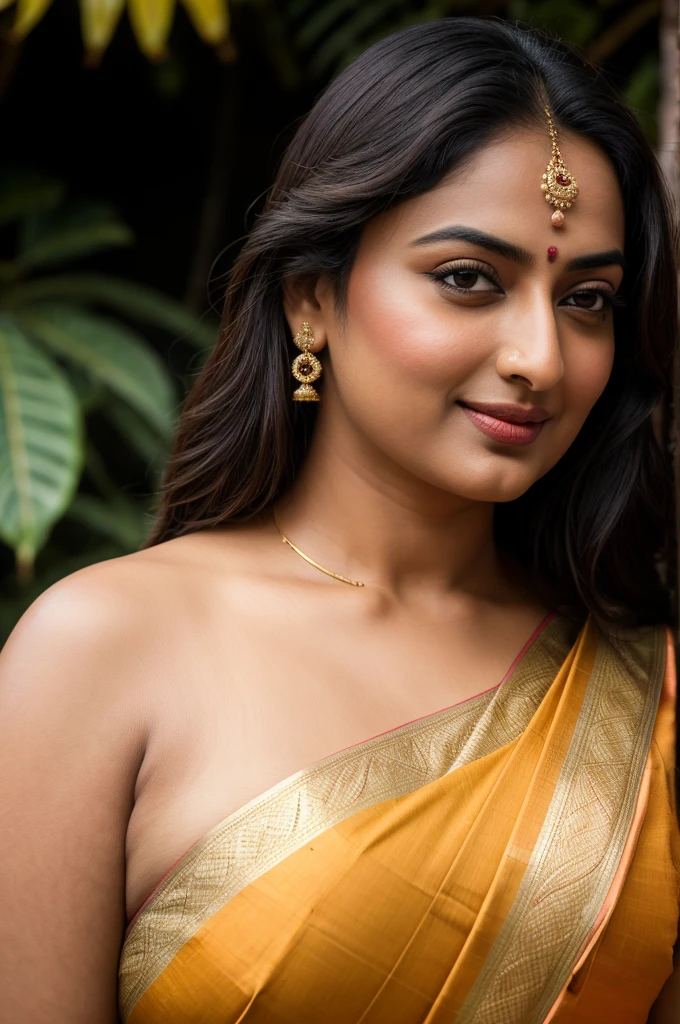 Foto RAW, photorealistic, photography, full body shot, master shot, perfect eyes, goddess like beauty, pierced eyes, perfect thick chubby mallu Desi aunty bhabhi, Wearing a Stanapatta, a chest-band.Saree model, model Photography, Indian saree shoot, Indian traditional wear advertising photography, traditional wear brand shoot, face of Indian actress Sonakshi Sinha, masterpiece, realistic, realism, incredible details, pleasure, photorealism, detailed skin, skin pores, high contrast, photorealistic Artstation 8k HD digital art trend of high definition and detailed realistic skin texture, ultra detail, realistic skin texture, armature, best quality, ultra high definition, (photorealistic:1.4),, high resolution, detail, raw photo, sweat, Re sharp, by Lee Jefferies Nikon D850 Film Stock Photo 4 Kodak Portra 400 Camera F1.6 Lens Rich Color Ultra Real Realistic Realistic Textures Dramatic Lighting Unreal Engine Trending at Art Station Cinestill 800,(pele altamente detalhada: 1.2), 8k UHD, DSLR, soft-lighting, alta qualidade, grain of film, Fujifilm XT3,she didn't like to wear blouse or bra, she is happy to wear only saree, she hates blouse or bra, detailed hairy armpits, hyper realistic skin, skin pores, sweat, veins,