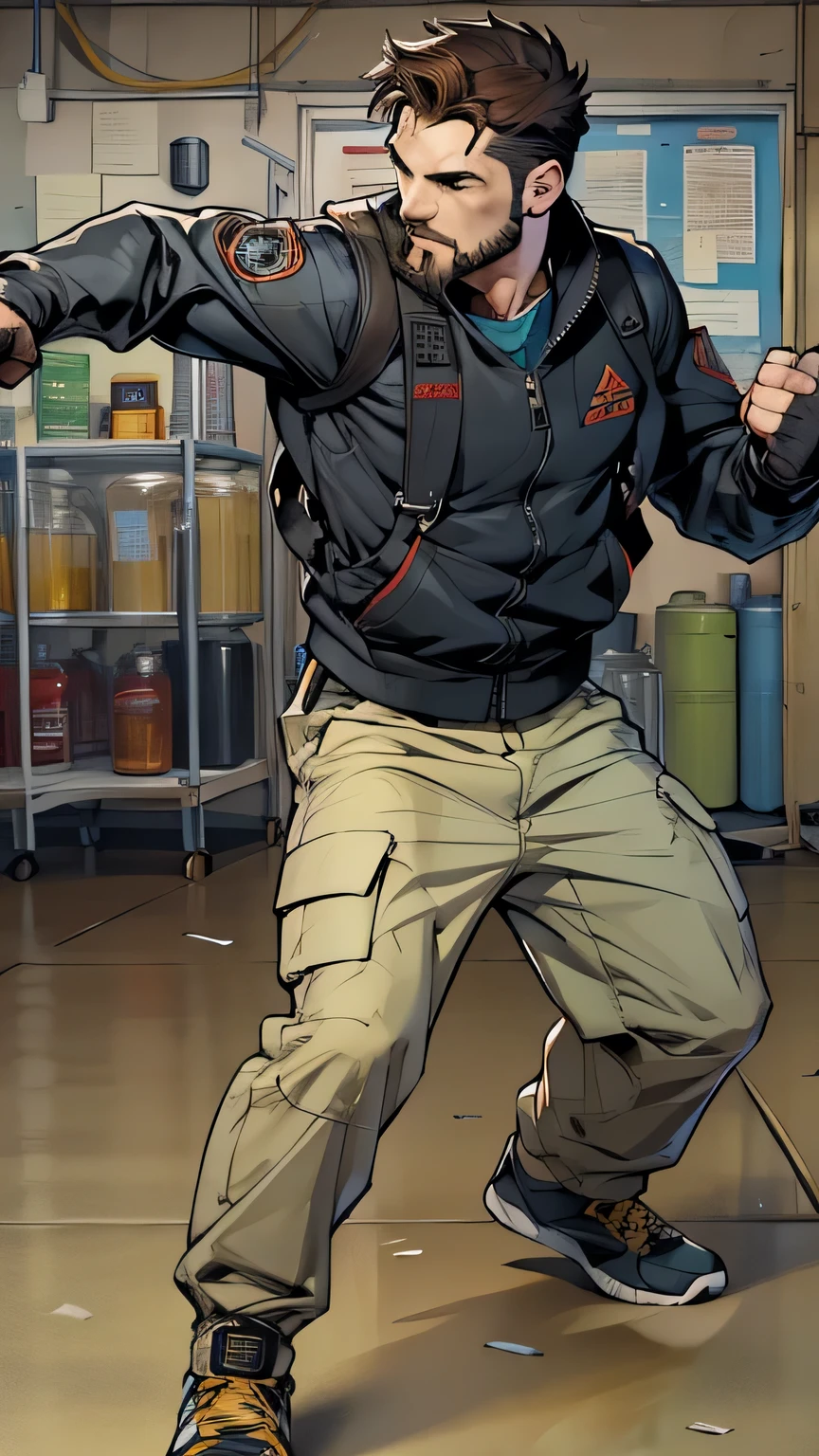 Man in his early thirties, with short brown hair and a thin beard, wearing a black tactical jacket and cargo pants, engaged in an intense hand-to-hand fight with a guard, dodging punches and disarming his opponent, laboratory setting with equipment scientific