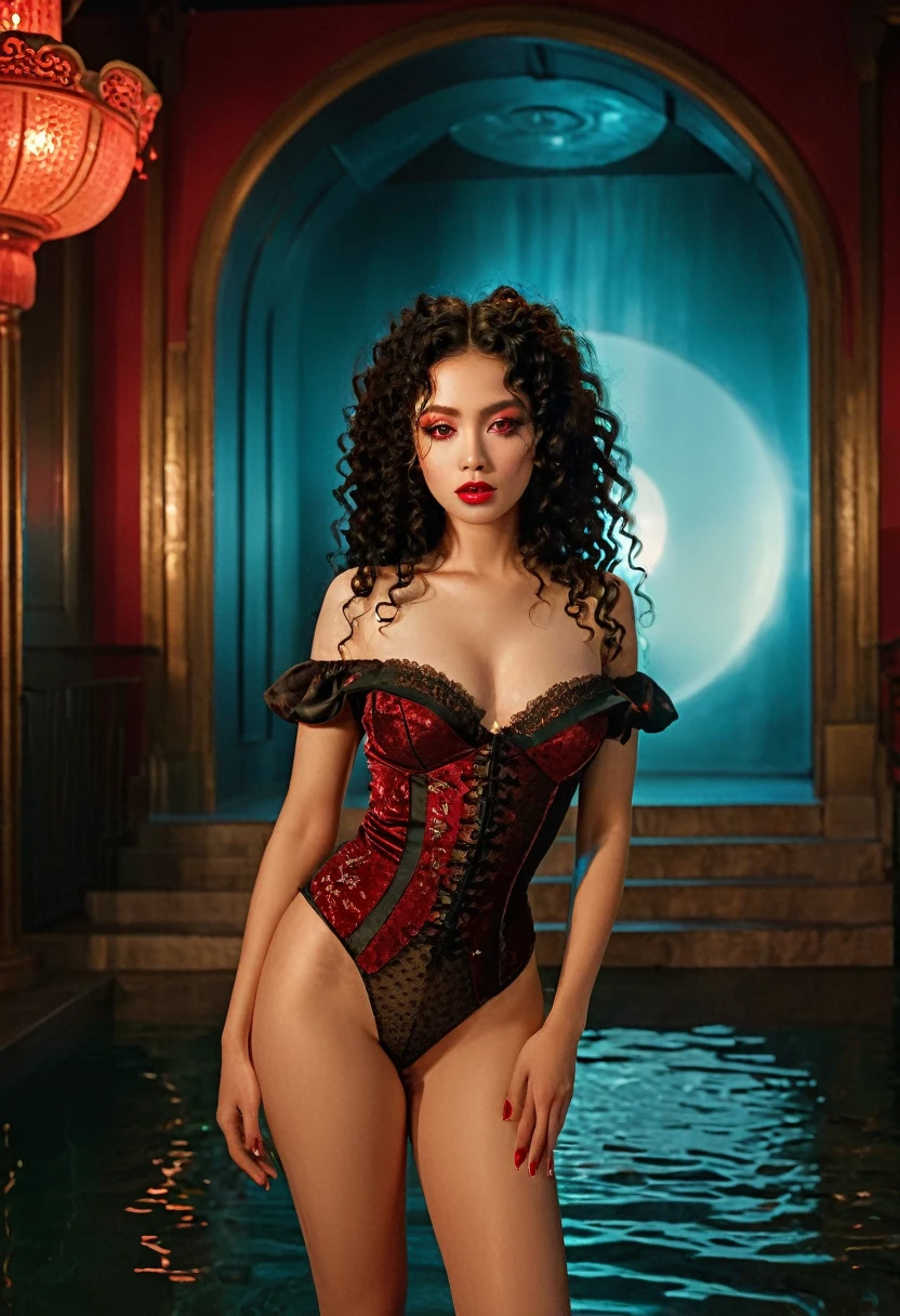 (1 girl 1.3) (extremely detailed 1.3) (anatomically correct, High precision, realistic skin) (RAW photo, nikon, 8k, Super detailed, advanced details, intricate details,), (Lighting: Face lighting, Ray tracing, reflective light, Structurally correct) ((Background: back room of a nightclub 1.3)) ((divine aura, goddess of fertility, sex, and eroticism) (Subject: beautiful half-asian, mixed asian-european, bronze skin, woman with hair in black curls and coils) (wearing: detailed embroidered goth ta roccoco ancient priestess), ((beautiful big eyes looking up at the viewer, )) [(best quality, highres, masterpiece:1.2), A half-asian half greek female virgin sacrifice, bronze skin, inthe style of Boris Valloje, full body portrait, sharp focus, vivid colors, detailed facial features, black curly wavy hair, expressive eyes, full red lips, creative atmosphere, bursts of inspiration,, huge , long legs, water temple] teal, bronze, slate, rust