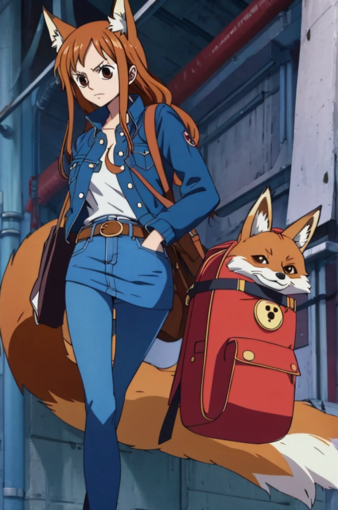 one piece, Woman, fox ear, fox tail, jeans jacket, brownhair, eyes browns, red backpack on the back, best qualityer, denim skirt, belt with fox symbol.