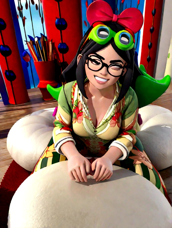 3D cartoon style art, Disney Pixar Style Eyewear Store Background, Glasses on all sides, Flying Goggles, white clear background, Woman in glasses and white dress shirt, drawing like Disney Pixar, 3D Rendering Design