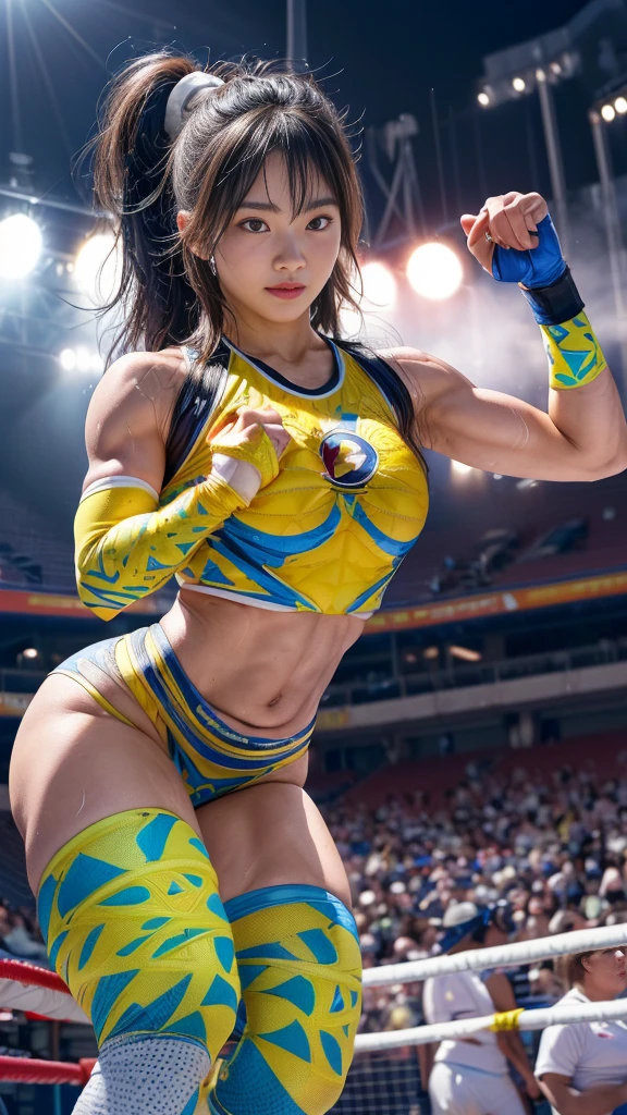 Female professional wrestler、Fighting Pose、smile、((On the Ring))、((Spotlight))、(((large stadium)))、((Super ))、(Saggy breasts)、((ight uniform))、Wristband、(((A flashy costume with a bizarre pattern)))、((Elbow Support))、((Knee support))、Taping on fingers、I can see your abs、Bikini Style、Hairstyle with bangs、((Sweat))、((Match venue))、A large audience、Very beautiful woman、((Female Athletes))、(Detailed face)、Realistic skin、((Delicate photo)),(Girl Masterpiece RAW Photo Details:1.25), (Highest quality:1.6), (Ultra-high resolution:1.5), (Realistic:1.75), 8K resolution, Canon EOS R5, 50mm, Absurd, Ultra-detailed,Cinema Lighting、