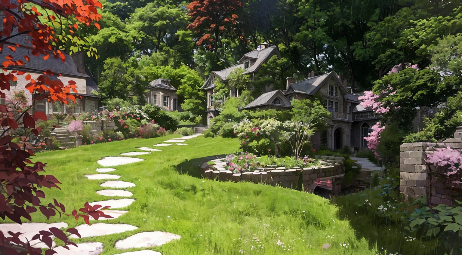 The Romanesque Revival mansion, accessed by a winding stone path, is surrounded by an English garden. There is a dense forest behind the house. There is a dark cloud above the house, which portends a downpour. The lights in the windows are off.