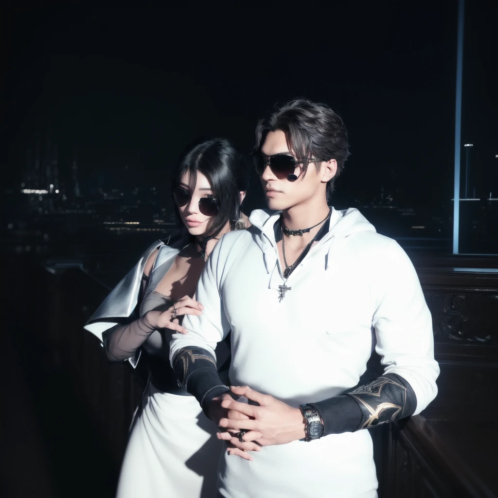 there are two people standing together in a dark room, couple pose, smooth in _ the background, sakimichan and frank franzzeta, elegant pose, second life avatar, videogame still, secondlife, lovely couple, elitedangerous 💙💜 ornate ︎, with a male pirate partner, they are in love, stylish pose, charli bowater and artgeem