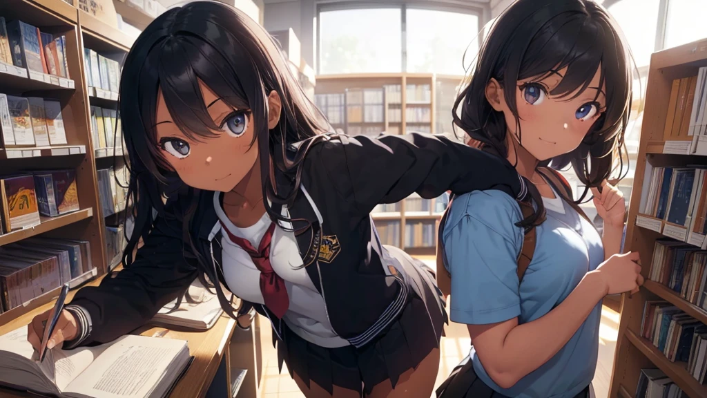 best god quality, Ultra-detailed, perfect Anatomy, (Draw a tomboy excitedly at a inside a college library), 1girl, is a excited beautiful tan girl, tomboy aesthetic, dark skin girl, tanline skin, (dark skin*2), (long black + wavy hair*1.2), (school girl outfit*1.2), Full limbs, complete fingers, groin, Beautiful hazel eyes, well-proportioned tan tomboy, smug eyes, student clothing, in a library, High resolution, Best lighting by professional AI, college library, studying students, looking at viewer, (((One girl in middle))), (((SOLO))), (library in background)