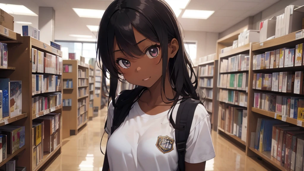 best god quality, Ultra-detailed, perfect Anatomy, standing up straight, (Draw a tomboy excitedly inside a college library), 1girl, is a excited beautiful tan girl, tomboy aesthetic, dark skin girl, tanline skin, (dark skin*2), (long black + wavy hair*1.2), (school girl outfit*1.2), Full limbs, complete fingers, groin, Beautiful hazel eyes, well-proportioned tan tomboy, smug eyes, student clothing, in a library, High resolution, Best lighting by professional AI, college library, studying students, looking at viewer, (((One girl in middle))), (((SOLO))), (library in background)