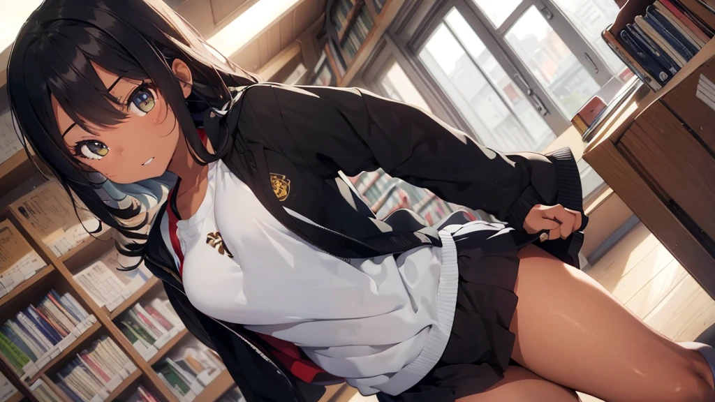 best god quality, Ultra-detailed, perfect Anatomy, standing up straight, (Draw a tomboy excitedly inside a college library), 1girl, is a excited beautiful tan girl, tomboy aesthetic, dark skin girl, tanline skin, (dark skin*2), (long black + wavy hair*1.2), (school girl outfit*1.2), Full limbs, complete fingers, groin, Beautiful hazel eyes, well-proportioned tan tomboy, smug eyes, student clothing, in a library, High resolution, Best lighting by professional AI, college library, studying students, looking at viewer, (((One girl in middle))), (((SOLO))), (library in background)